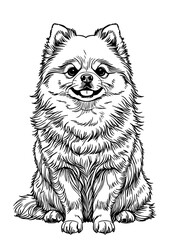 Smiling Fluffy Dog Illustration – Hand Drawn Black and White Pomeranian Puppy Line Art for Tattoo, Logo, Coloring Page, or Pet-Themed Design