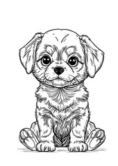 Adorable Big-Eyed Puppy Illustration – Hand Drawn Black and White Sitting Dog Line Art for Coloring Page, Logo, Tattoo, or Pet-Themed Design