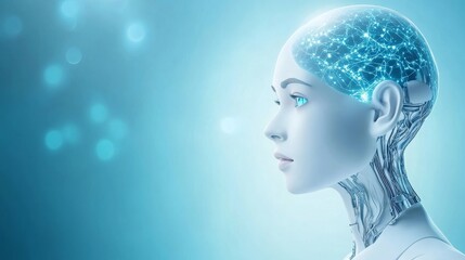 Obraz premium Futuristic Robot with Blue Electric Neural Network Brain