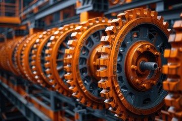 Fototapeta premium A close up view of several industrial gears aligned in a row