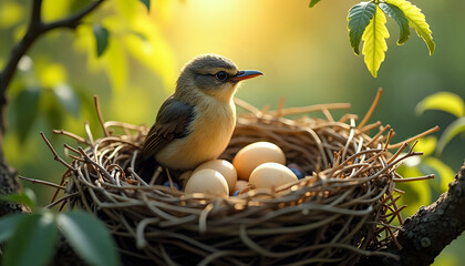 Fototapeta premium a little bird sitting on top of a nest with eggs in a tree