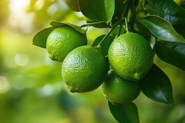 Fresh limes hanging on a tree branch. Lush green fruit with vibrant leaves