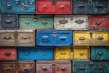 A Collection Of Colorful Wooden Storage Boxes And Trunks Displayed
