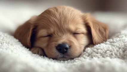 cute golden puppy sleeping peacefully on soft, fluffy white blanket, exuding warmth and tranquility in cozy indoor setting