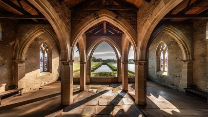 Empty interior of the old stone church, Windows overlooking the reservoir