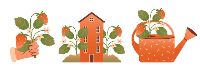 Set of vector isolated illustrations with rural scene, village cottage, strawberry bush, watering can. Summertime cottagecore concept. Flat Design. Naive cute cliparts with garden equipment. 