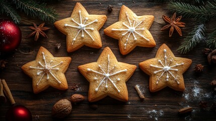 Festive star-shaped cookies decorated with icing and spices on wooden table during holiday season