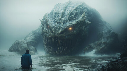 Massive sea serpent with glowing eyes coiled body facing human figure misty shoreline surreal monster encounter ocean beast mythical creature giant aquatic presence fantasy water danger fear fiction