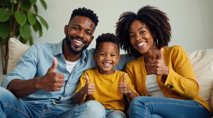 Loving African Family on Couch Giving Thumbs Up for Good News, Sunday Morning Happiness, Home, Family Love, Affection and Belonging.