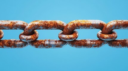Fototapeta premium Rusty metal chain links suspended against a bright blue background showcasing texture and detail