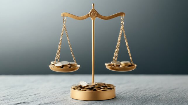 Balance between wealth and equality represented by a golden scale holding stacks of coins in a minimalistic setting