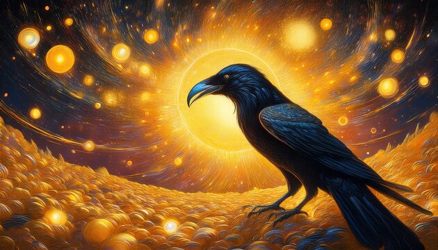 Surrealist painting of a giant crow feeding on golden seeds that glow like tiny suns. Dramatic atmospheric setting with luminous details, deep shadows and dreamlike symbolism blending nature and fanta