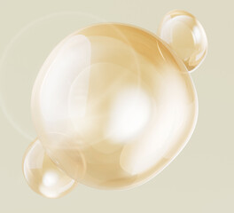 3d gold soap bubble. Golden light flare collagen water ball. Transparent liquid circle drop with oil texture. Round clear serum swatch for skin care. Hyaluron cosmetic essence orb. 3D illustration