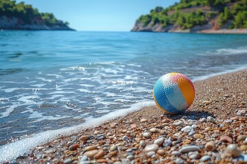 Obraz premium A colorful ball sits on a sandy beach near the ocean water
