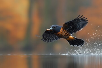 Fototapeta premium A colorful bird in mid flight over reflective water surface
