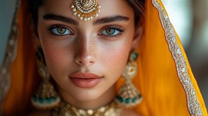 A woman presents a striking portrait in traditional South Asian attire, featuring a bright orange dupatta and detailed jewelry