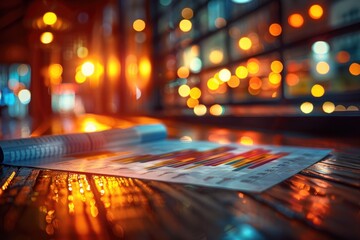 A colorful business chart lays on a rustic wooden table