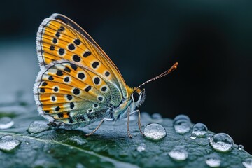 Obraz premium A Colorful Butterfly Rests on a Dew Covered Leaf
