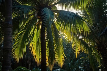 Fototapeta premium Lush Tropical Coconut Palm Tree in Misty Morning Light – Exotic Jungle Paradise
