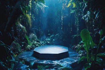 Octagonal stone platform surrounded by dense jungle foliage