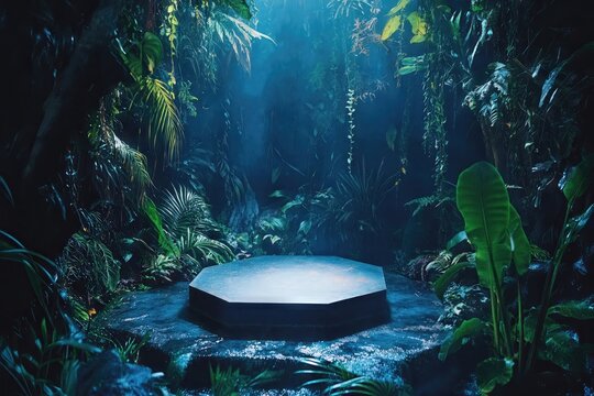 Octagonal stone platform surrounded by dense jungle foliage