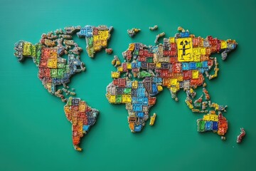 A colorful handmade world map constructed with various textured elements