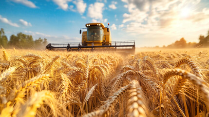 Fototapeta premium Bringing in the golden harvest under a stunning summer sky with a combine harvester at work in a wheat field