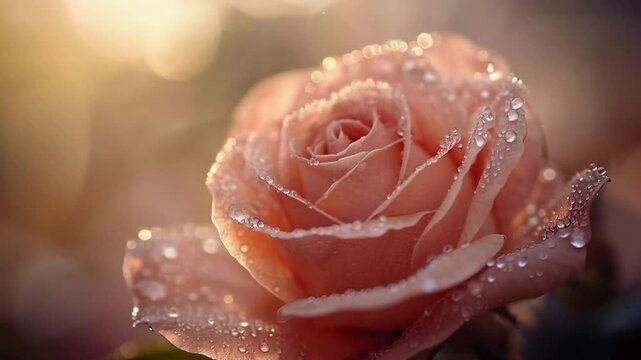 Close-up of a dewy pink rose with droplets glistening in the sunlight
