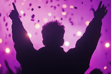 Person celebrates in purple light