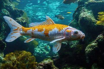Naklejka premium A colorful patterned koi swims gracefully through clear blue water