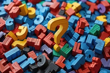 A colorful pile of wooden letters with a yellow question mark