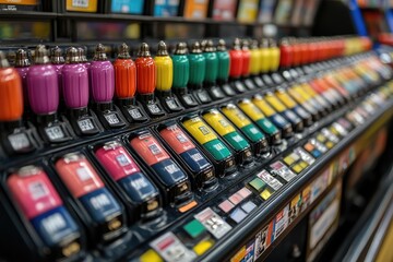 A colorful row of dispensing units filled with various colored liquids