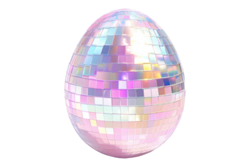 A shimmering egg covered in iridescent mirror tiles reflecting light, isolated on white transparent background. Concept of luxury, festivity, and elegance