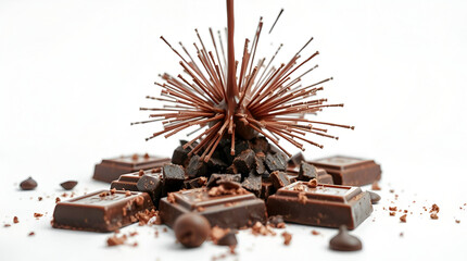 Fototapeta premium World Chocolate Day, Chocolate Falling From Above, Chocolate Pieces, Chocolate Sprinkles, Chocolate Bar, Chocolate Crumbs, Generative Ai