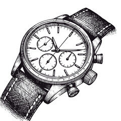 Sketch of a chronograph watch, black and white, timekeeping and style with copy space