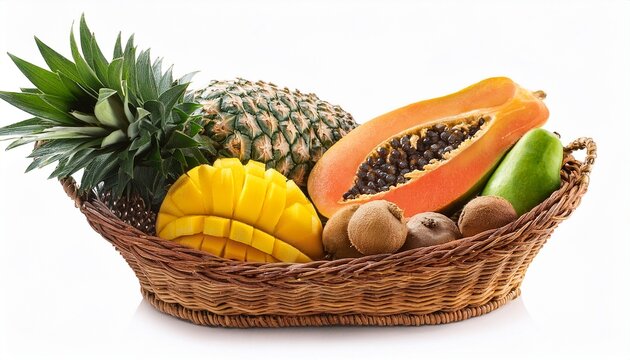cesta de palha com mamao melancia abacaxi manga caju e goiaba isolado em fundo transparente cesta de vime com frutas tropicais frescas