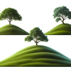 A set of trees on grass hill, set, isolated on white background