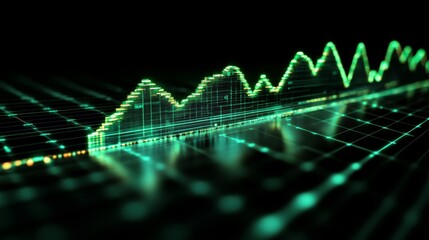 Graph depicting stock market trends with green data points and a digital aesthetic on a dark background