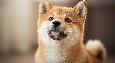 Shiba Inu Puppy with Fox-Like Features Looking Up – Studio Portrait of Cute Dog
