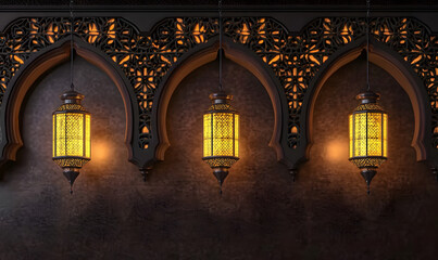Futuristic 3D Illustration: Islamic Patterned Wallpaper Design with Lanterns on Dark Background