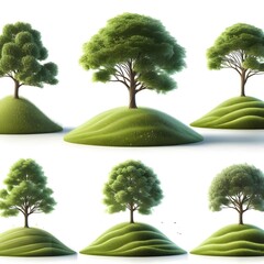 A set of trees on grass hill, set, isolated on white background