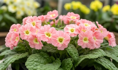 Fototapeta premium Pink Primroses Blooming Beautifully in Focus, Generative AI