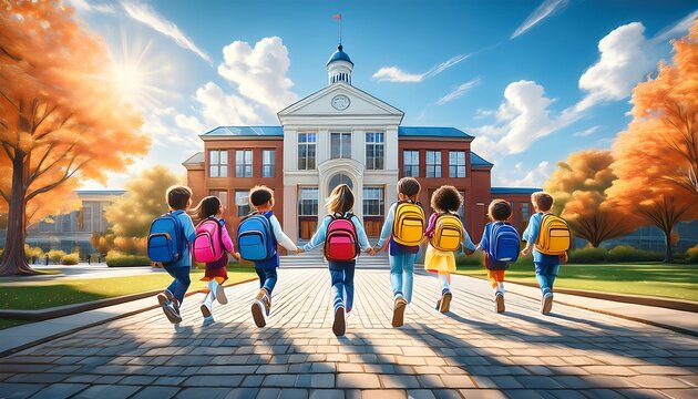 diverse students excitedly entering a school building with colorful backpacks. Cheerful back-to-school atmosphere with smiling children, bright surroundings and a sense of new beginnings.