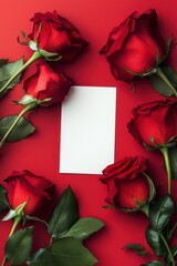 Vibrant red roses arranged around a blank card on an eye-catching red background for heartfelt messages during special occasions