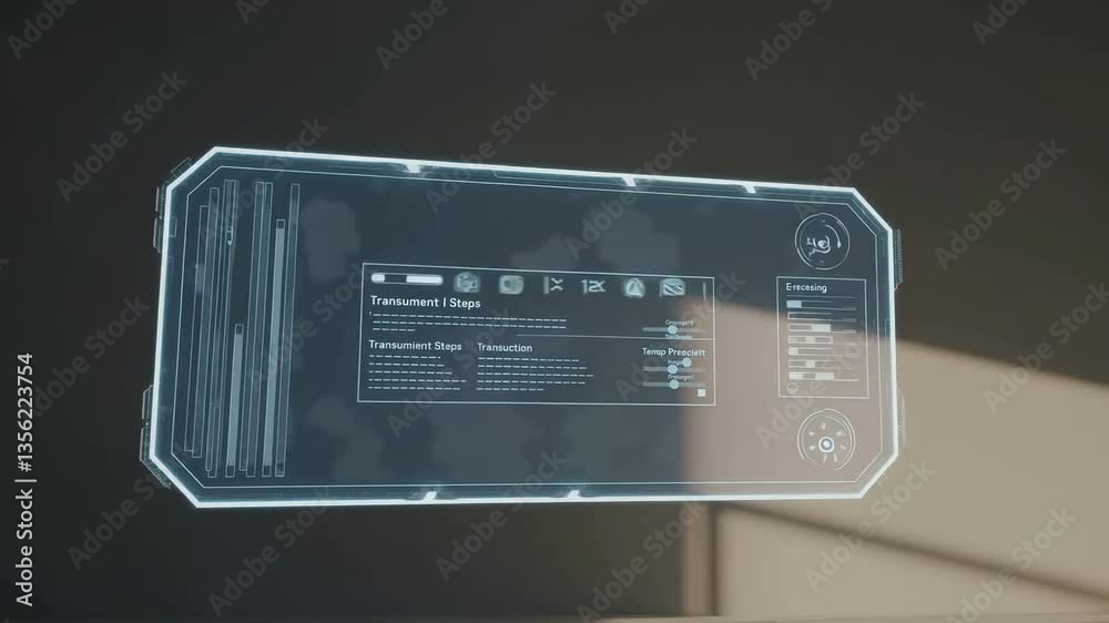Poster futuristic holographic interface display with dynamic data transition in modern technology setting