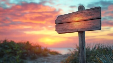 Sunset view at beach path with wooden sign against colorful sky and ocean in the background