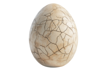 Large cracked dinosaur chicken egg with textured surface and detailed fractures, isolated on white transparent background. Concept of prehistoric life and hatching
