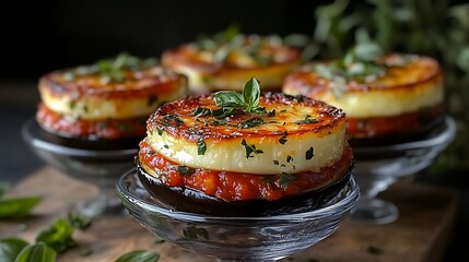 a full plate of eggplant parmesan on a rustic wooden surface