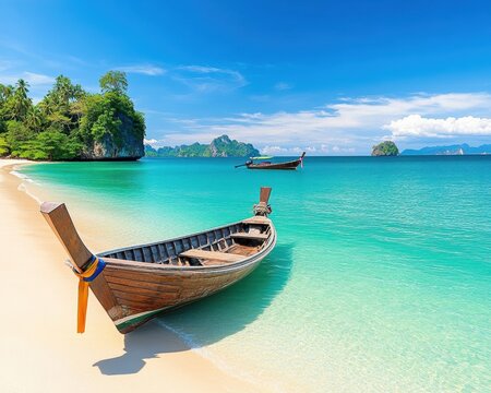 Scenic beach with traditional boats and turquoise water under a bright blue sky at a tropical location during daytime
