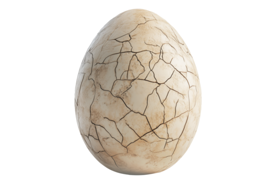 Large cracked dinosaur chicken egg with textured surface and detailed fractures, isolated on white transparent background. Concept of prehistoric life and hatching